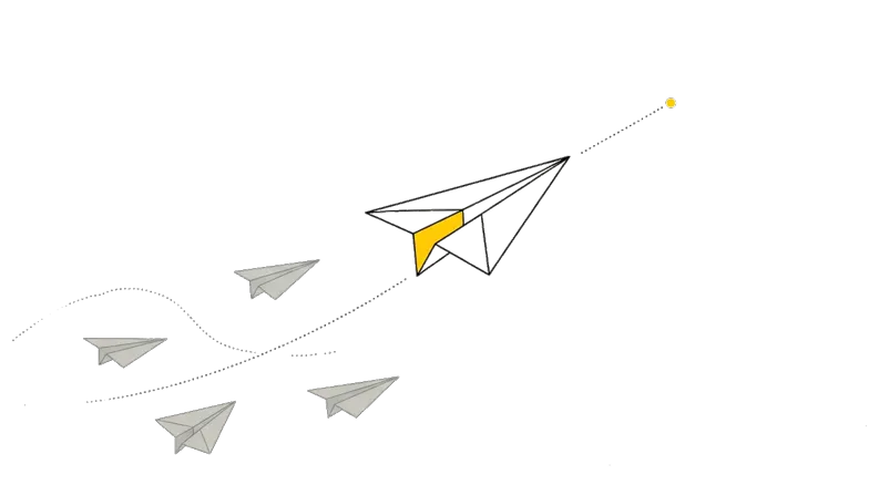 A yellow paper airplane pulling ahead of a formation of gray paper airplanes